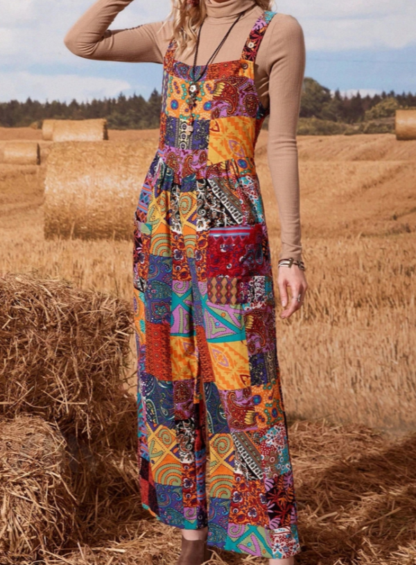 Bohemian Color-Blocked Wide-Leg Retro Jumpsuit