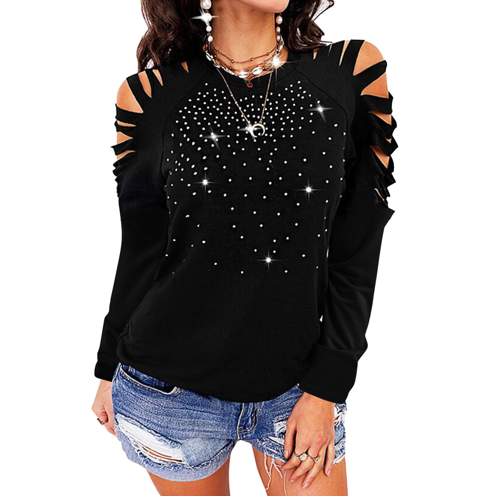New Round Neck Hot Drill Hollow Long-sleeved T-shirt