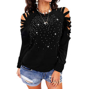 New Round Neck Hot Drill Hollow Long-sleeved T-shirt