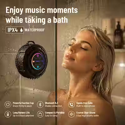 IPX4 Suction‑Cup Shower Speaker – Portable Mini Bluetooth Party Speaker with RGB Light, Deep Bass, Bluetooth 5.3 – Suitable for Bathroom, Pool and Outdoor Use