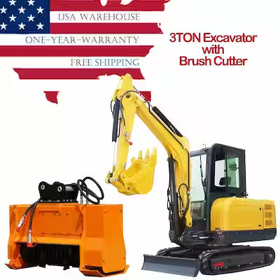 Compact excavator with brush cutter attachment