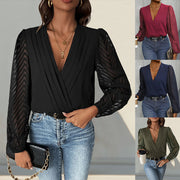 All-matching Solid Color And V-neck Pleated Lace See-through Long-sleeved Jumpsuit