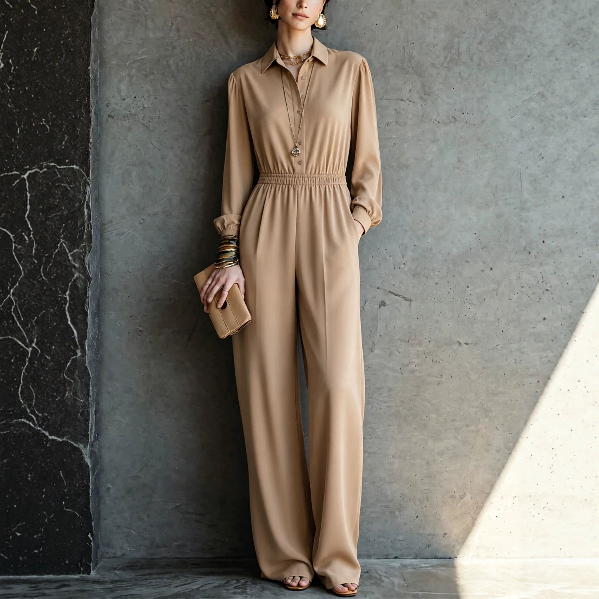 Casual Solid Color Pocket Long Sleeve Jumpsuit