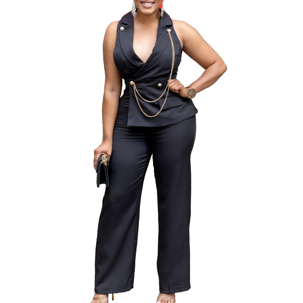 Chic Chain-Accent Wide-Leg Suit Collar Jumpsuit