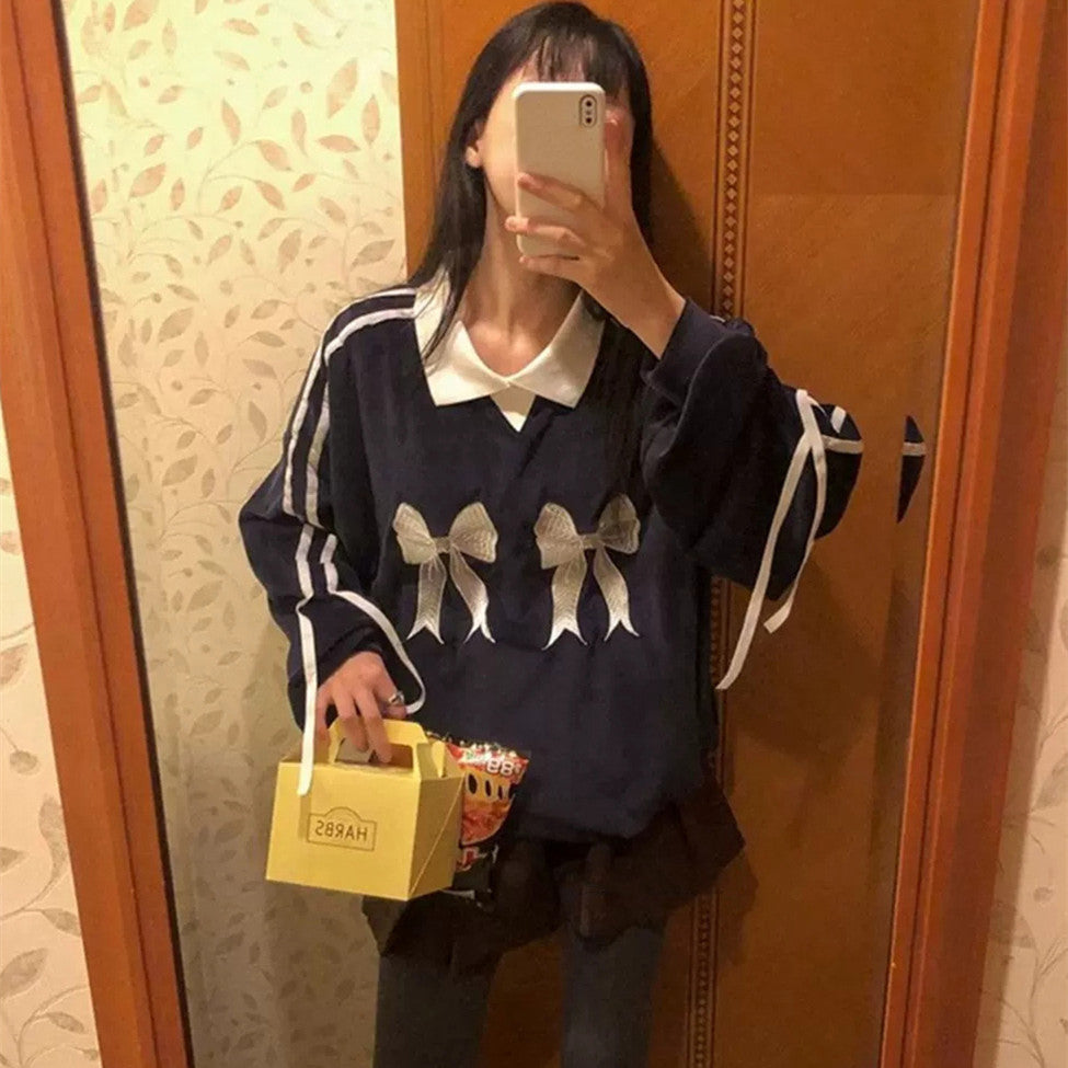 Retro Bow Embroidered Striped Contrast Knit Sweater