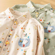 Womens Denim Patchwork Printed Turn-Down Collar Embroidered Shirt