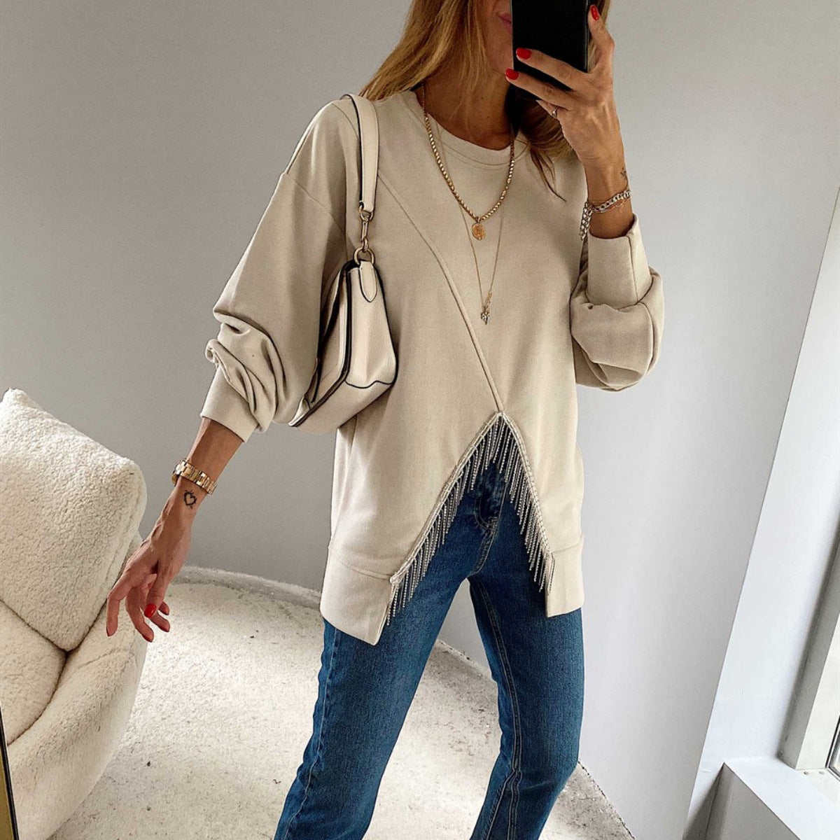 Women's Split Tassel Loose Casual Long Sleeve Sweater