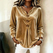 Elegant V‑Neck Velvet Long‑Sleeve Blouse for Women – Classic Solid Colors