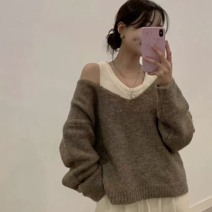 Bandage Dress Knitted Vest Soft Glutinous Loose-fitting Long Sleeve Sweater Two-piece Set