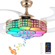 42‑Inch RGB Ceiling Fan with Crystal Light, Infinite Dimming, Light Memory, Built‑in Speakers, 6‑Speed Reversible Blades, Flush‑Mount Chandelier Design, Remote and App Control