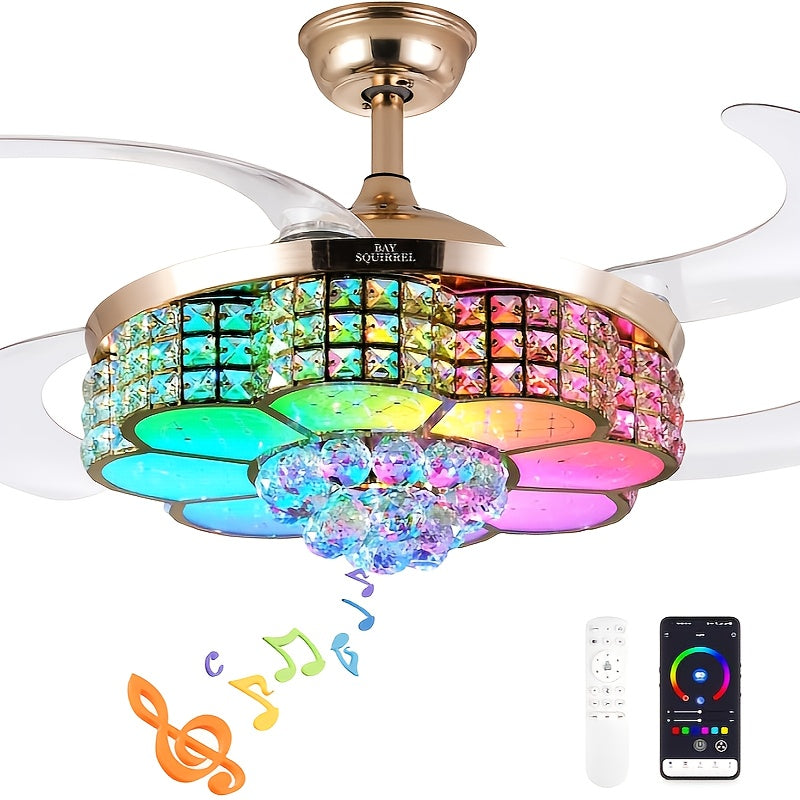 42‑Inch RGB Ceiling Fan with Crystal Light, Infinite Dimming, Light Memory, Built‑in Speakers, 6‑Speed Reversible Blades, Flush‑Mount Chandelier Design, Remote and App Control