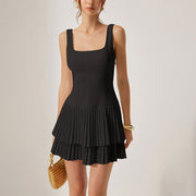 Arrival Sweet-style Solid-color Pleated Strap Dress