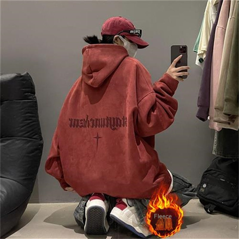 Plush Fleece Burgundy Suede Pullover Hoodie