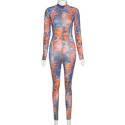 Blue Printed Long Sleeve Sports Jumpsuit for Women