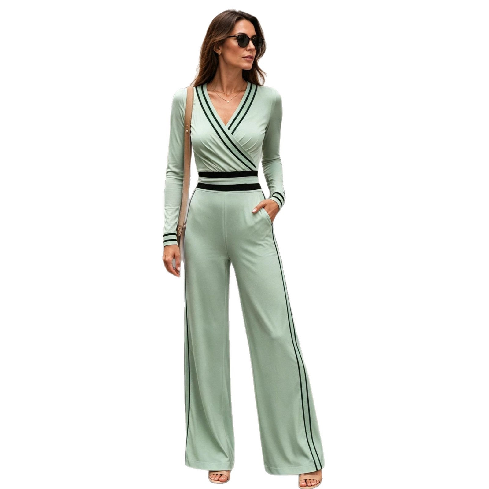 High-Waisted Color-Block Long Sleeve Jumpsuit