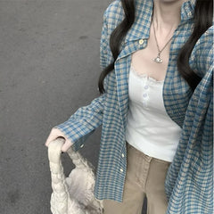 Early Spring New Blue Color Plaid Shirt For Women