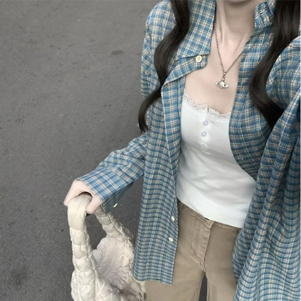 Early Spring New Blue Color Plaid Shirt For Women