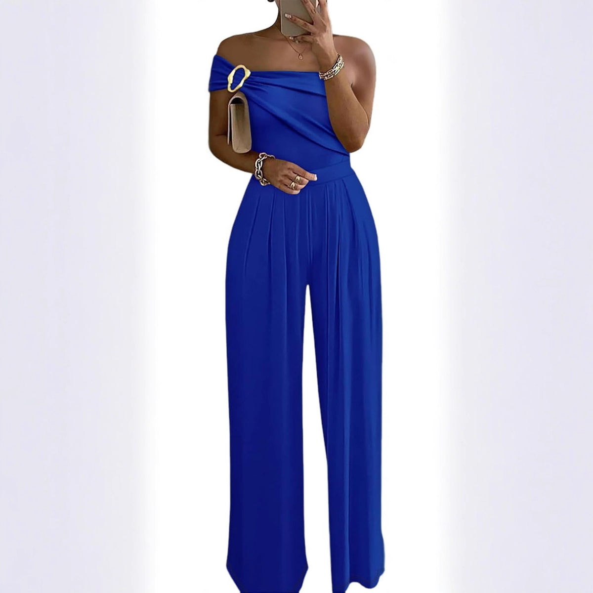 Metallic One-Shoulder Pleated Wide-Leg Jumpsuit