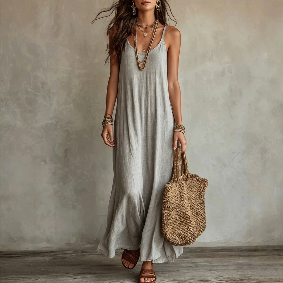 Womens Bohemian Loose-fit Solid-color Dress