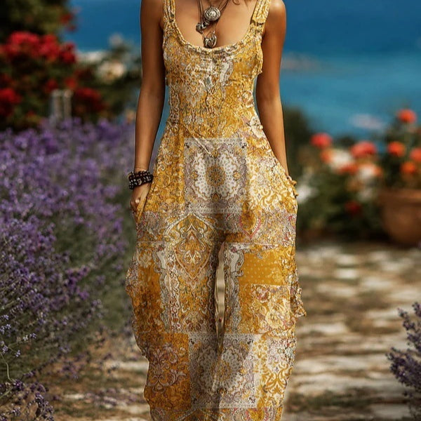 Retro Linen Wide-Leg Sleeveless Overalls Jumpsuit