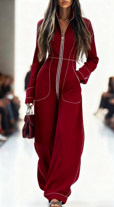 Retro-Modern Zippered Long-Sleeve Wide-Leg Jumpsuit
