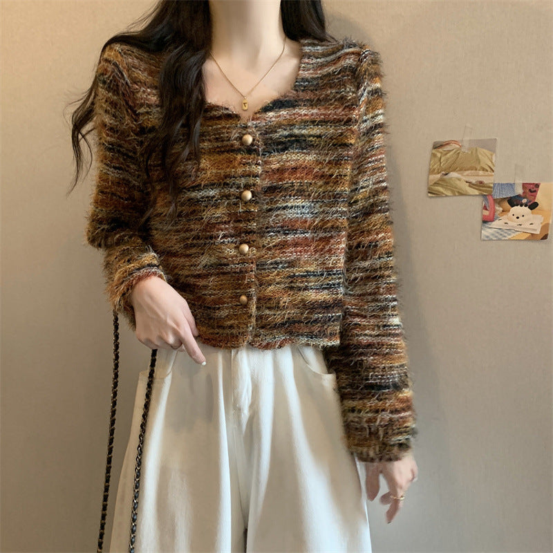 Soft Korean Style Square Collar Fur Design Striped Long Sleeve Sweater