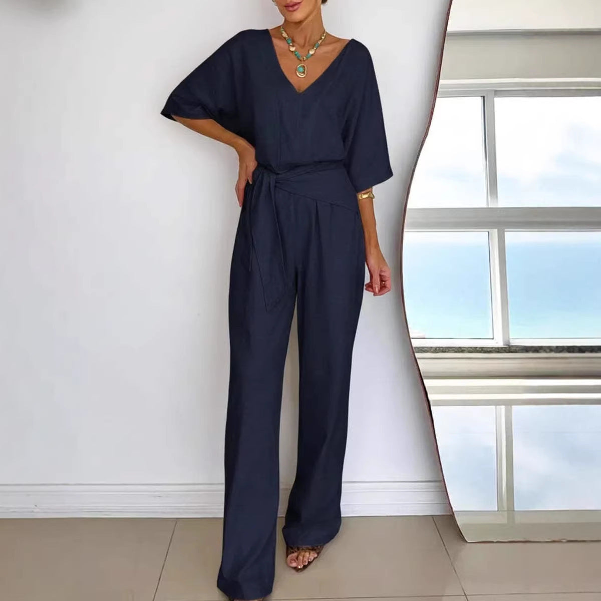 Chic V-Neck Belted Wide-Leg Jumpsuit