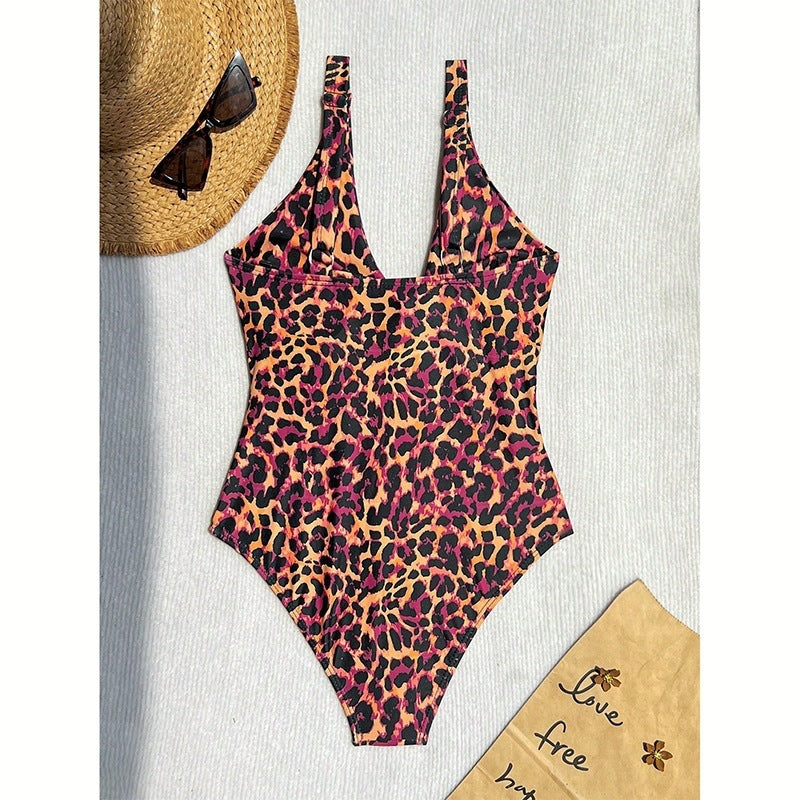 European And American Leopard-print Midriff-baring One-piece Swimsuit