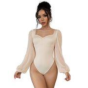 Retro Square-Neck Mesh Long Sleeve Jumpsuit