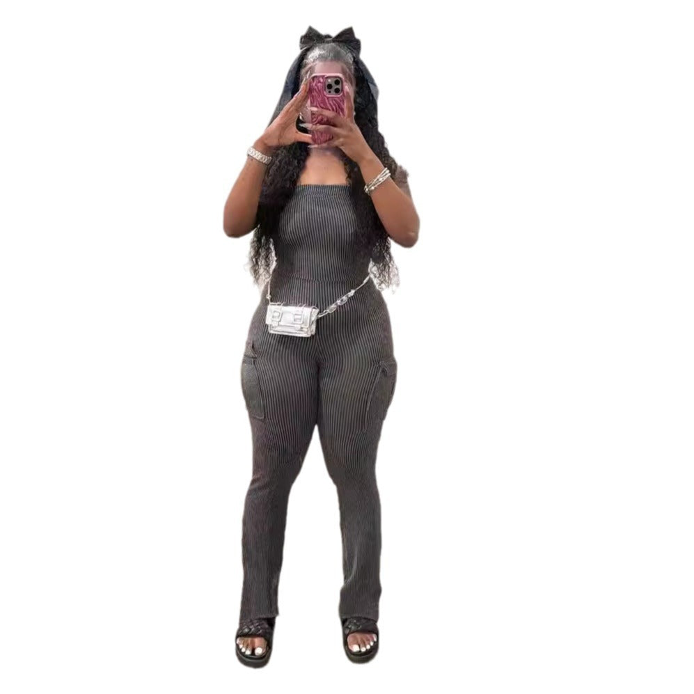 Womens Fashion Solid-color Ribbed-pocket Bodycon Jumpsuit