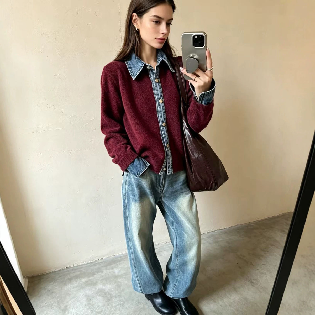 Fake Two-piece Sweater Womens Cardigan Laid-back Style Knit Jacket
