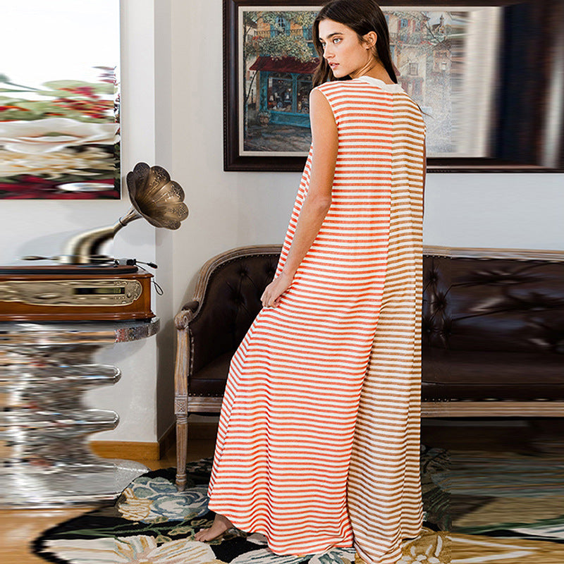 Sleeveless Jumpsuit Leisure Striped Printed Multi-pocket