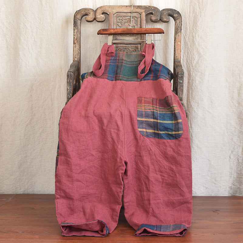 Chic Linen Patchwork Suspender Pants for Women