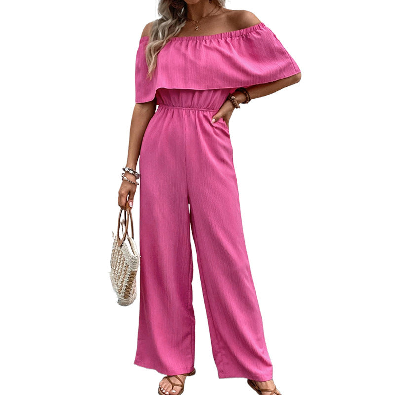Chic Off-Shoulder Solid Color Casual Jumpsuit