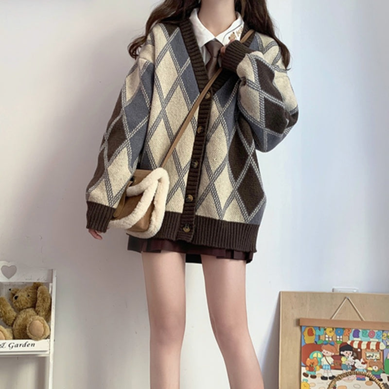 Diamond Lattice V-neck Knitted Cardigan Sweater Coat for Women Autumn and Winter