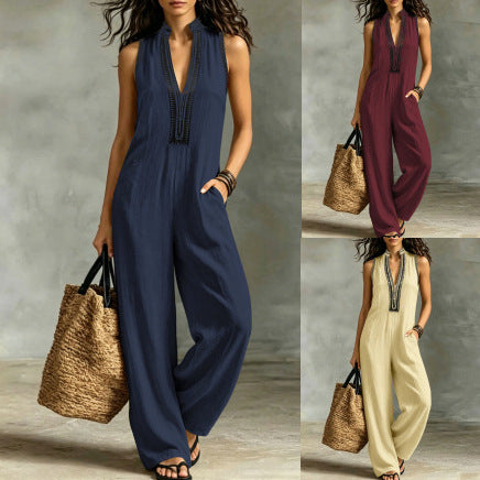 Women's Lace Trim Sleeveless Wide Leg Jumpsuit with Pockets