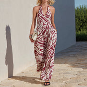 Womens Backless Zebra-print Casual Jumpsuit