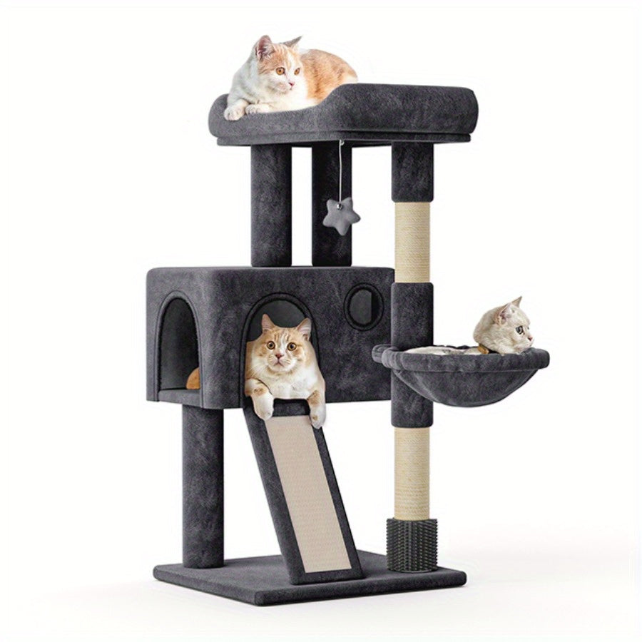 36-inch Multi-level Cat Tree With Condo, Scratching Post & Hammock - Space-saving Cat Tower With Plush Perches, Enclosed Hideouts, Hanging Ball & Stairs For Indoor Cats - Easy Assembly, Sturdy Soft