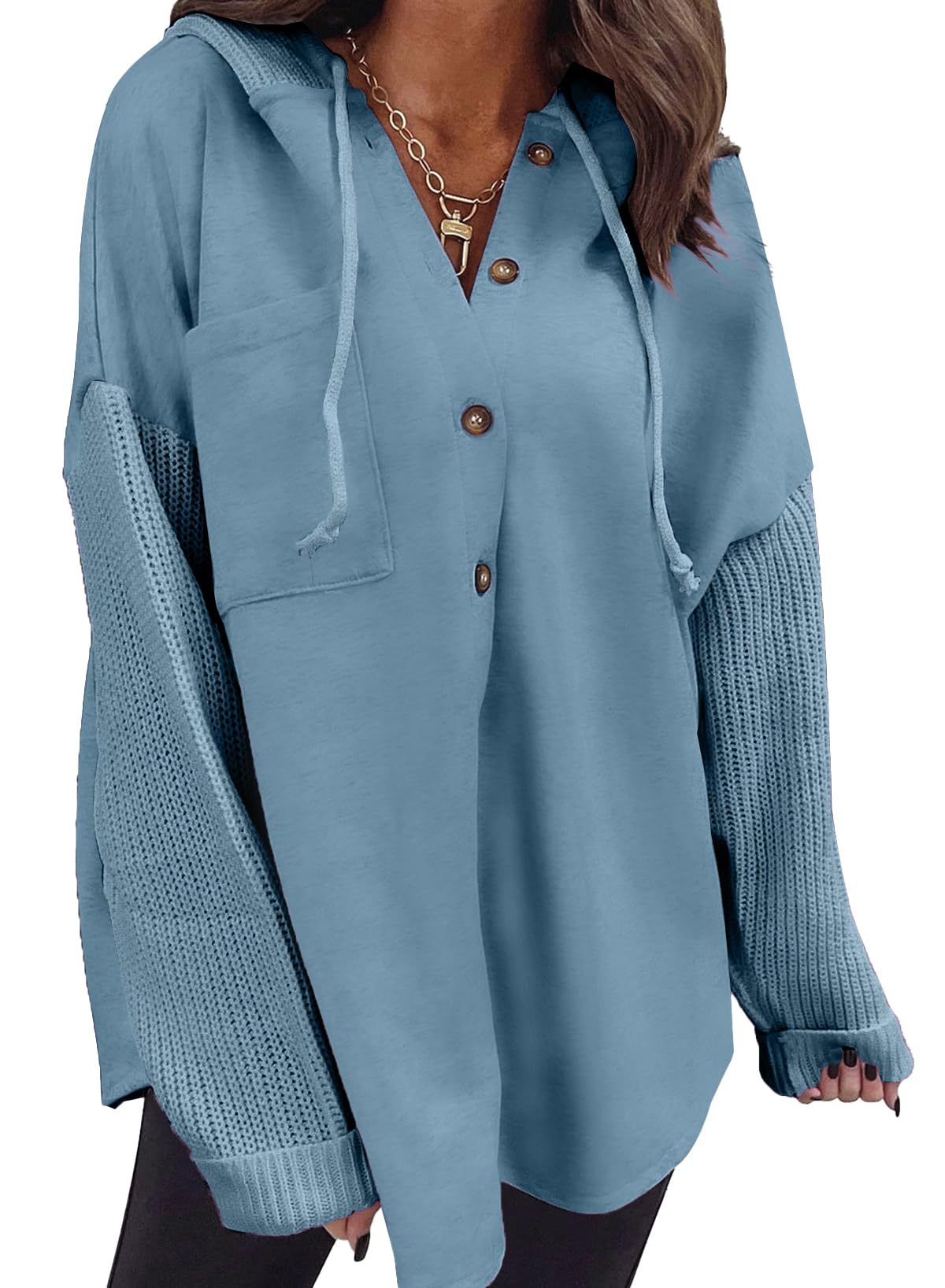 Women's Casual Loose Button Hooded Sweatshirt