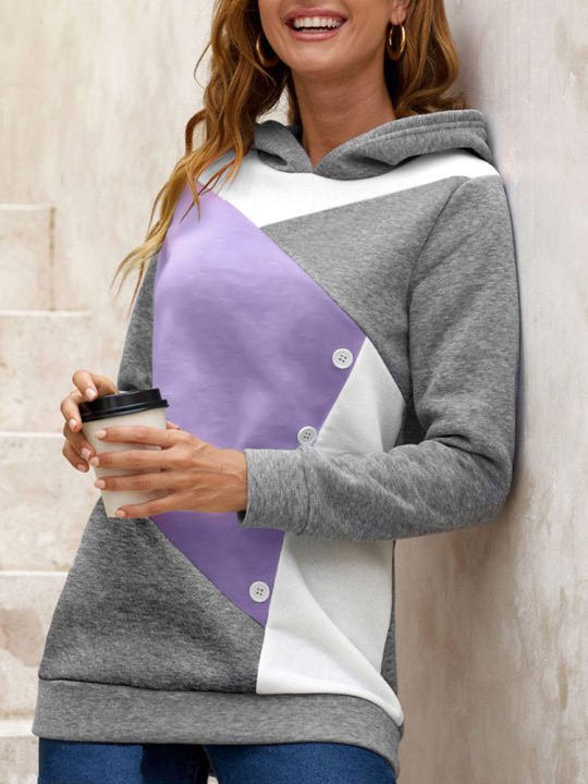 Color Block Fleece Hooded Sweatshirt for Women