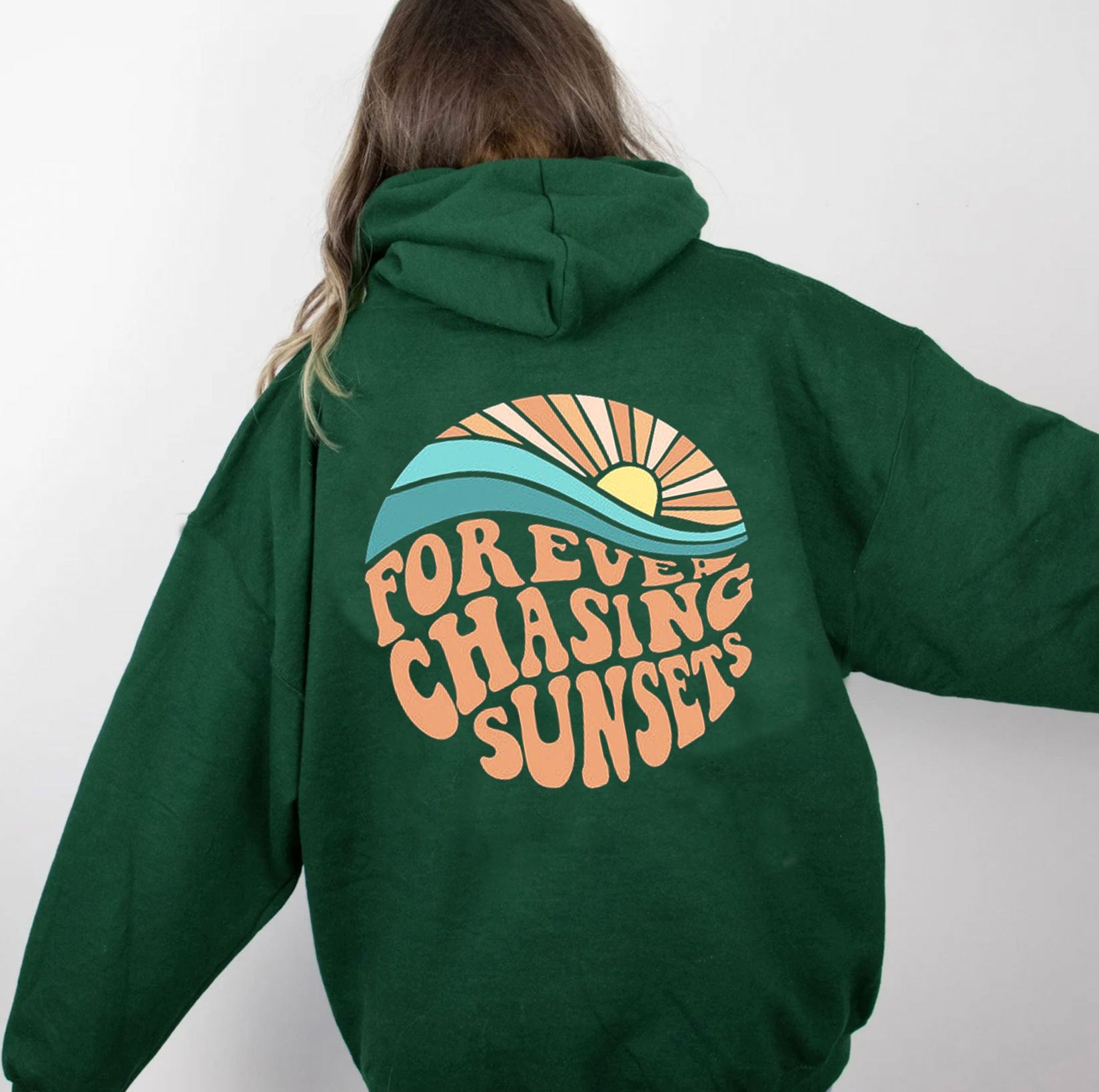 Sunset Print Fleece-Lined Kangaroo Pocket Hoodie