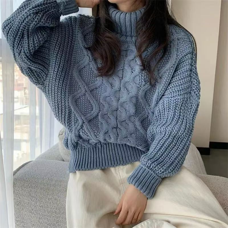 Retro Autumn and Winter Turtleneck Sweater Twisted Short Long-sleeved Sweater Top