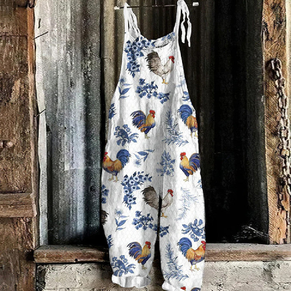 Women's Autumn And Winter Printing Retro Wide Leg Jumpsuit