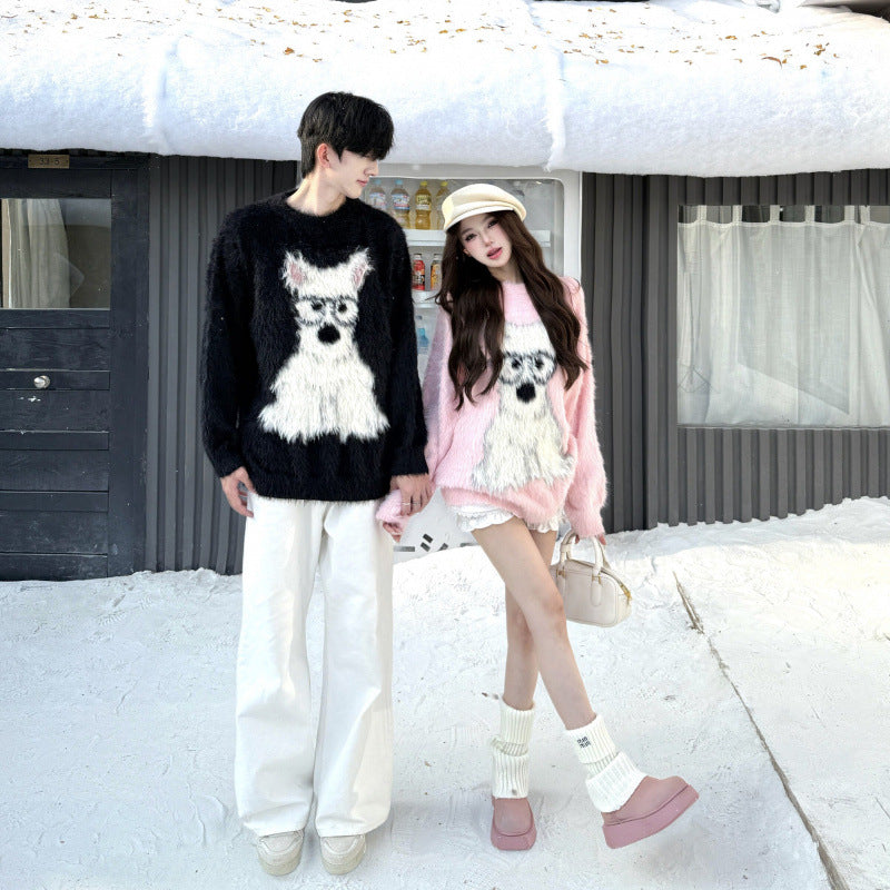 Mens and Womens Cartoon Puppy Loose Casual Pullover Sweater