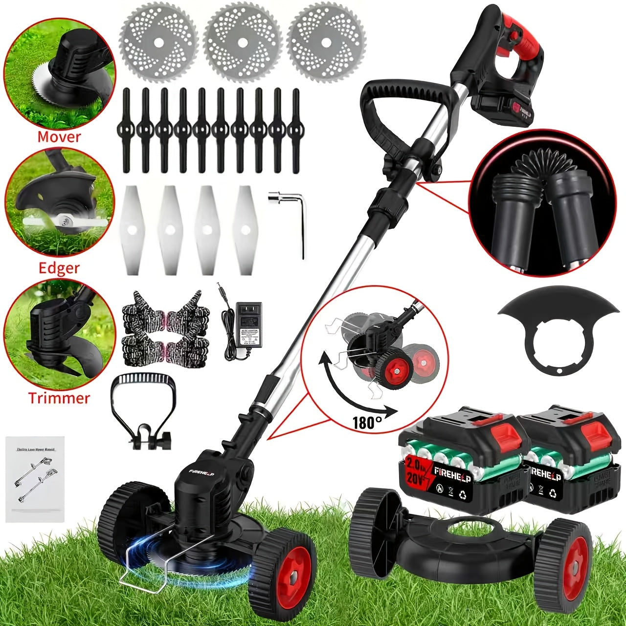 Cordless Electric Lawn Mower and Trimmer Set – Portable, 3 Blade Types, High-Capacity Lithium Battery