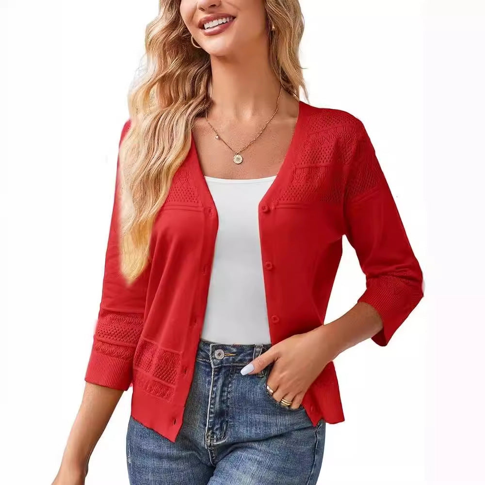 V-neck Cropped Outerwear Hollow-out Knit Cardigan