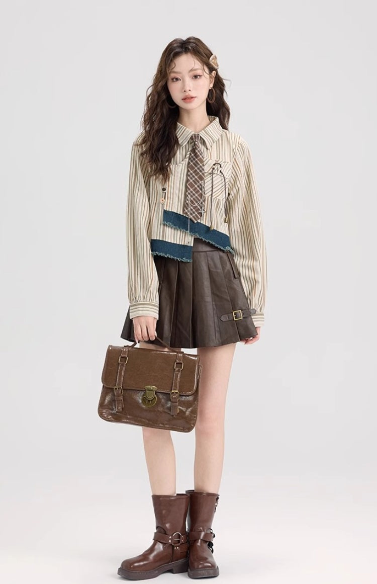 Preppy Style Springsummer Chic Striped Shirt Women's Irregular Short Long Sleeve