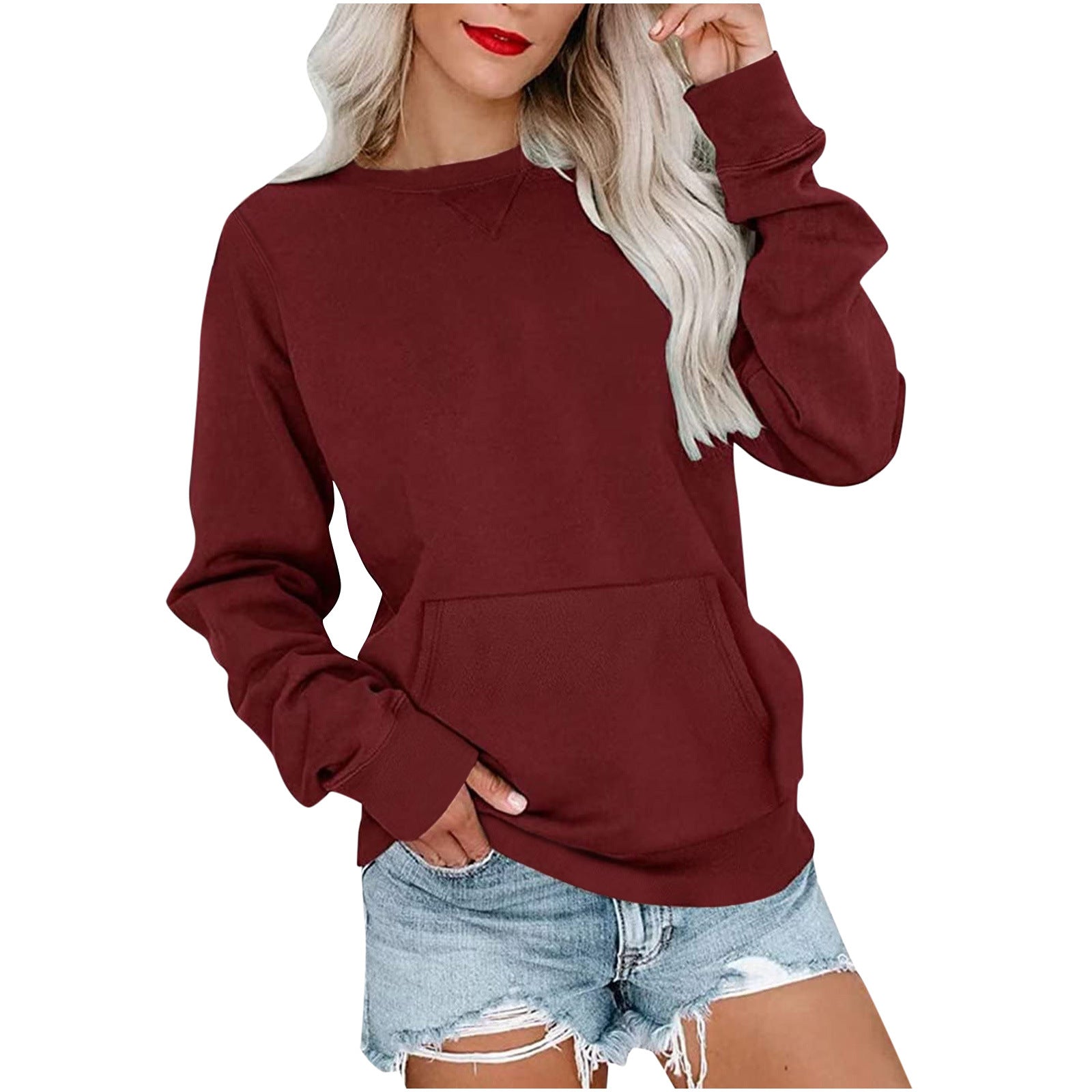 Women's Loose Solid Pullover Sweatshirt with Pocket