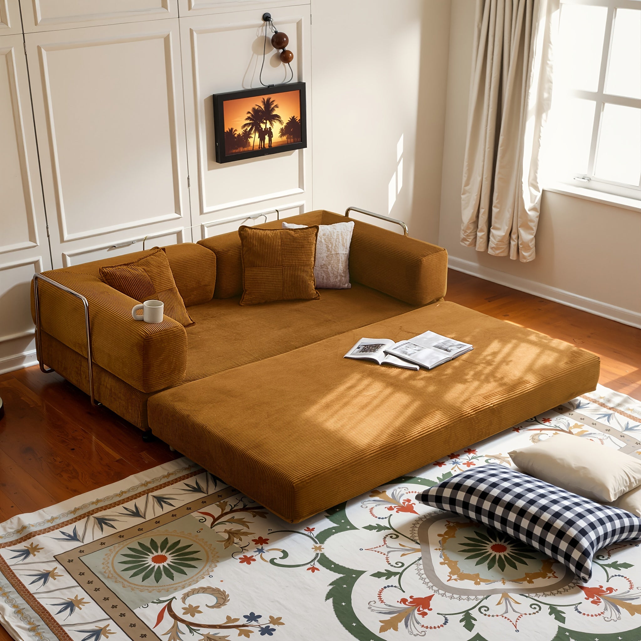 Modular L-shaped chaise longue sofa bed with deep seat and corduroy upholstery