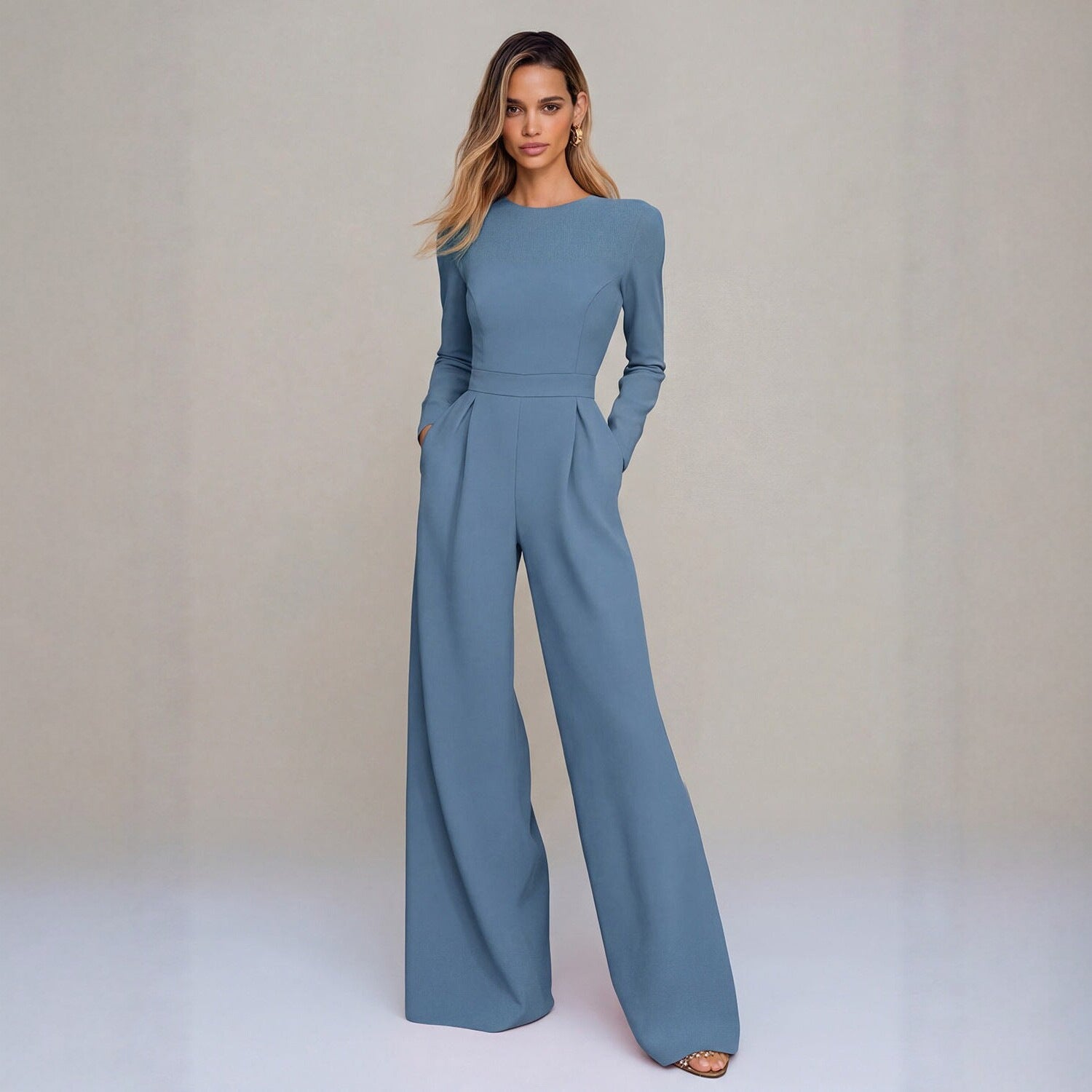 Chic Long-Sleeve Waist-Cinching Wide-Leg Jumpsuit